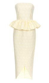 TRÄGERLOSES MIDIKLEID MIT RÜSCHEN IN ELFENBEIN